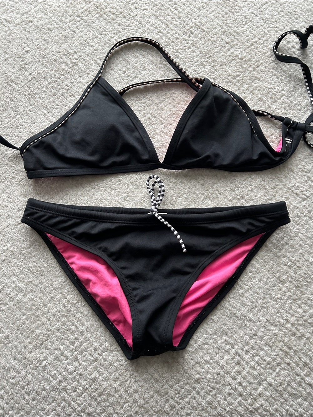 Black Bikini Set with Hot Pink Lining - Classic Triangle Top & Low-Rise Bottoms